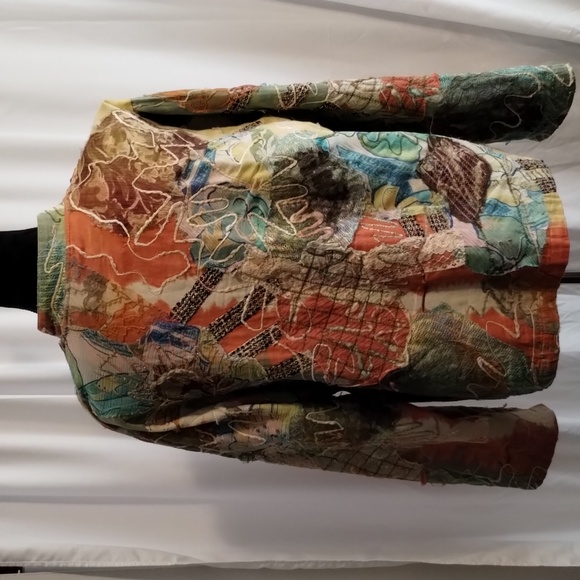 Chico's mandarin button front tapestry patchwork cotton loose fitting jacket top - Picture 5 of 10